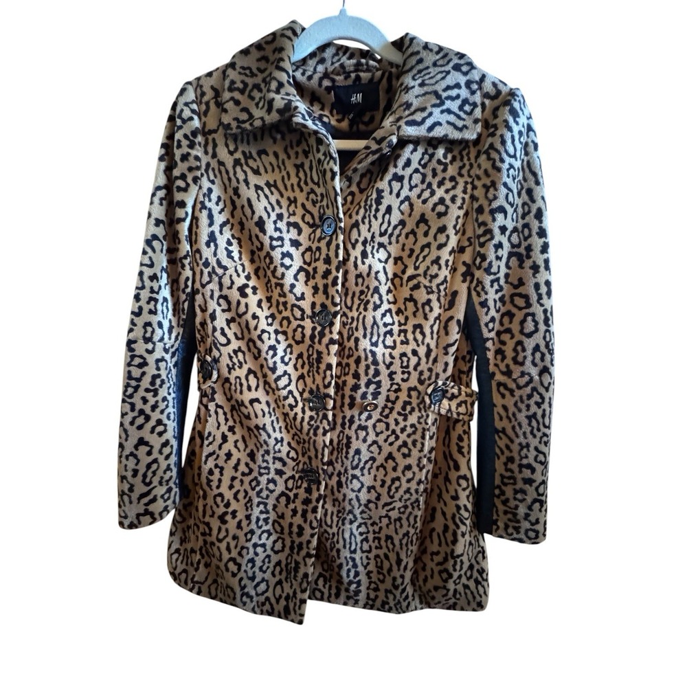 H&M Leopard Print Size 8 Coat Faux Leather Black Contrast Panels Removable Belt